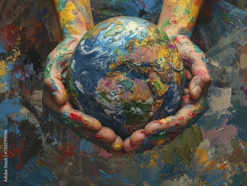 A symbolic portrayal of Earth cradled in diverse hands unites the world in climate action against a clear backdrop.