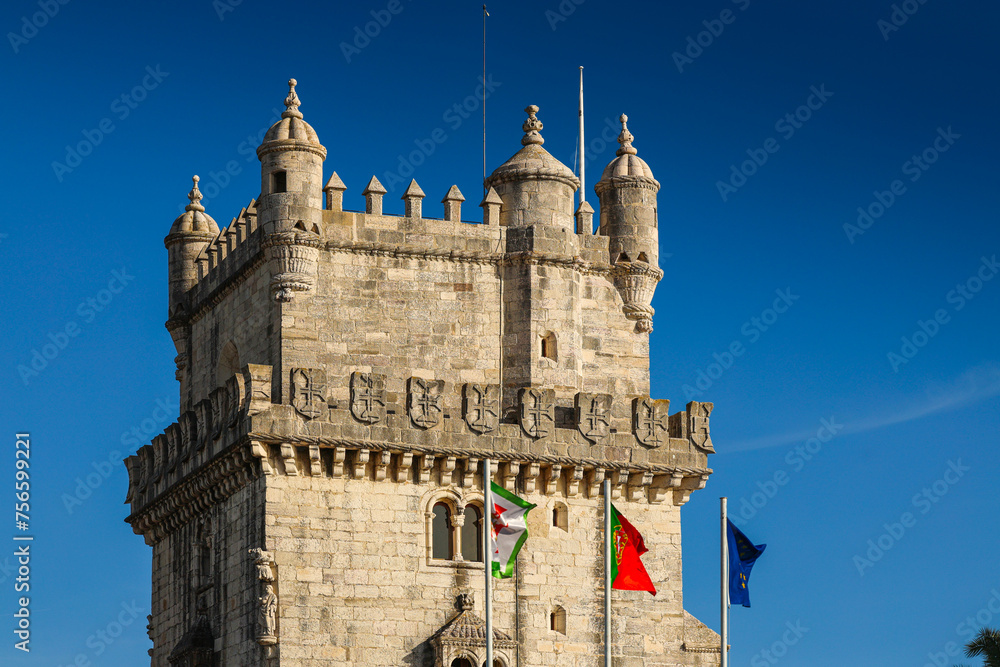 Belem Tower in Lisbon. Landscape photo with this landmark building from Lisbon, next to Tagus river. Belem Tower is a fortified medieval construction. Travel to Portugal.