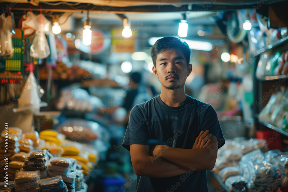 Fototapeta premium A simple street market seller in front of his stand stall. Blurred background with bokeh. Created with Generative AI technology.
