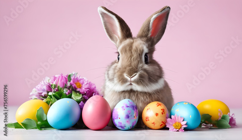Easter colored eggs and rabbit on pink