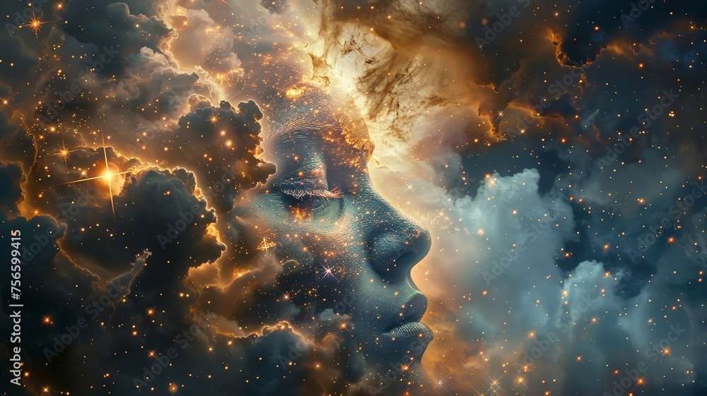 Stellar nebulas forming a celestial visage in a cosmic display of AI artistry - obrazy, fototapety, plakaty 