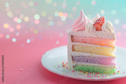 fancy rainbow birthday cake on pastel background