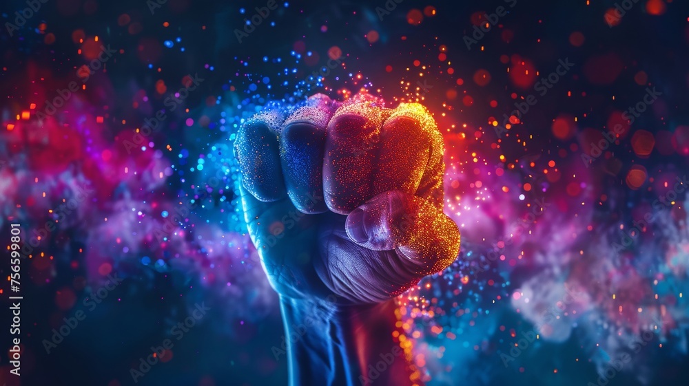A vibrant display of digital resistance with a glowing fist of revolution