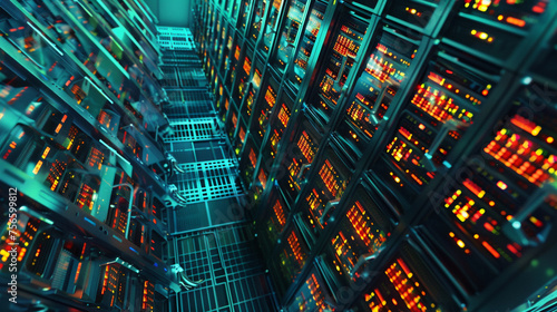 An aerial view of a sprawling data farm, where rows of servers hum with the processing power of a digital economy. 8K -