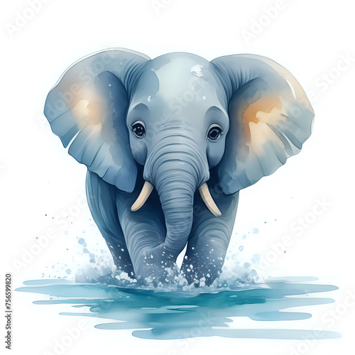 Watercolor illustration of a cute cartoon elephant swimming - generated by ai