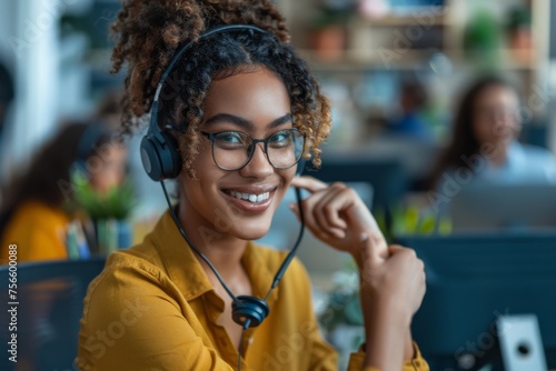 Smiling call center agent with headphones in a vibrant office setting