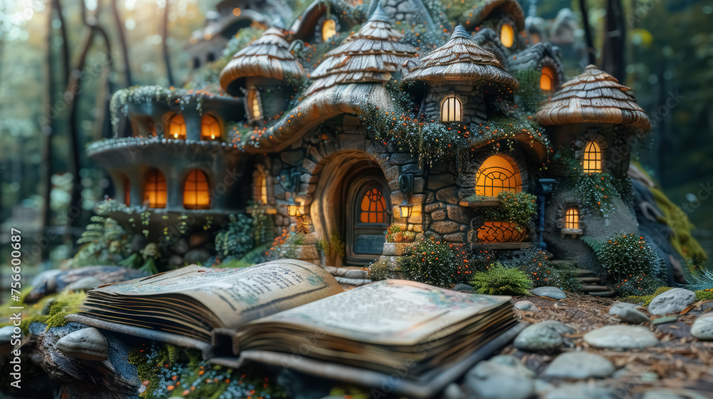 Obraz premium enchanted forest cottage with open storybook, book day celebration