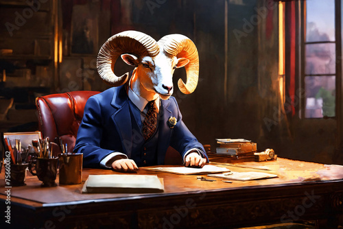 Horned boss of the company. Anthropomorphic ram director is sitting at the table in the boss's office. Allegory, metaphor.