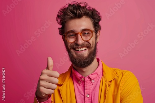 Positive vibe with a thumbs-up gesture from a man in a vibrant outfit