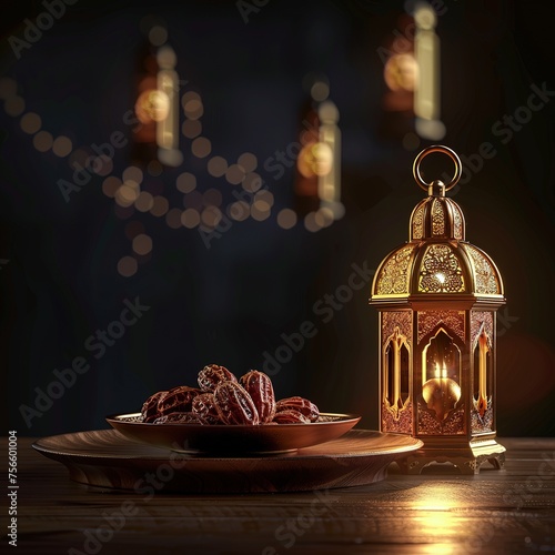 Ramadan Kareem greeting card, Golden lantern with dates on wooden table, Ai Generated