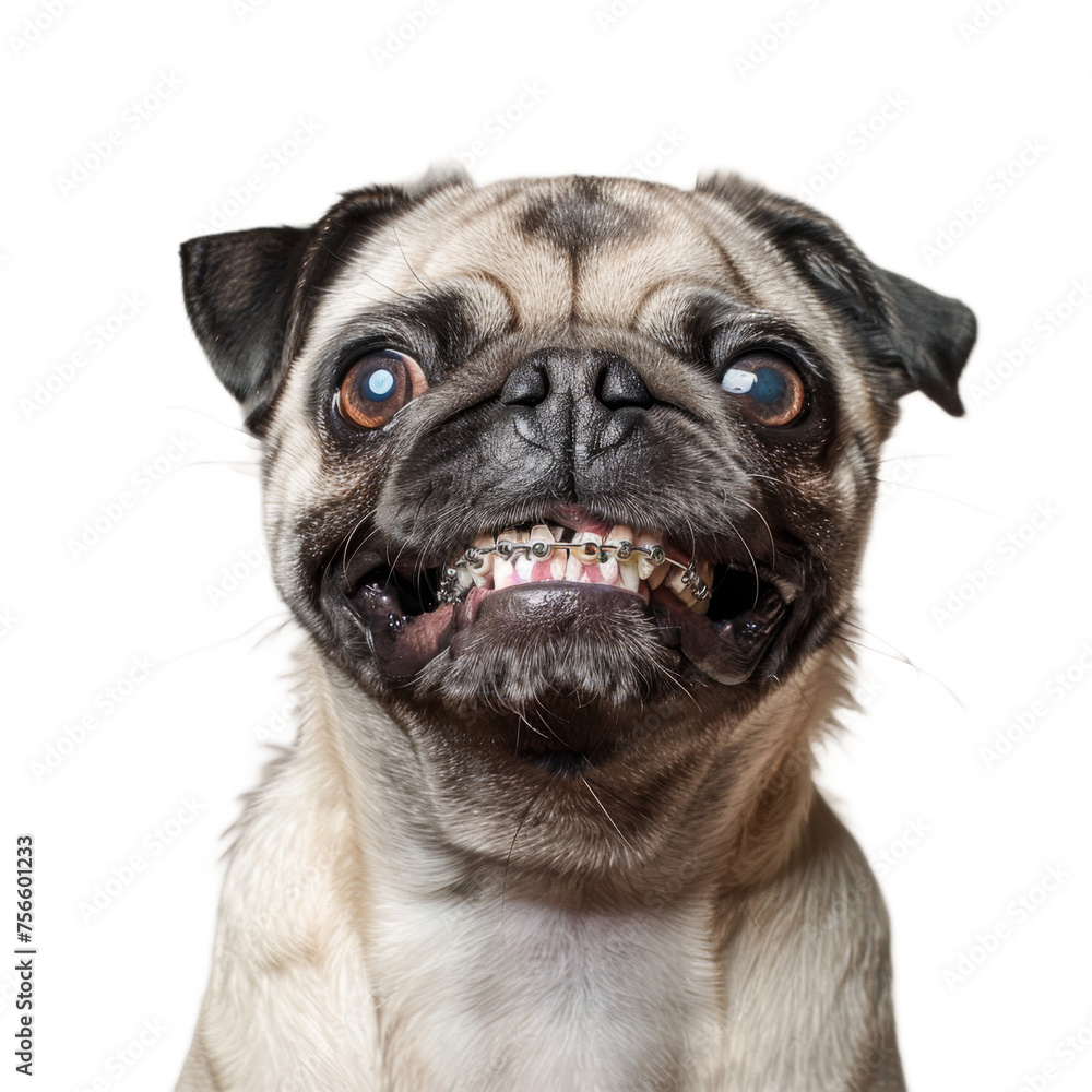 Close Up of Pug Dog in Dental Braces On a Transparent Background PNG