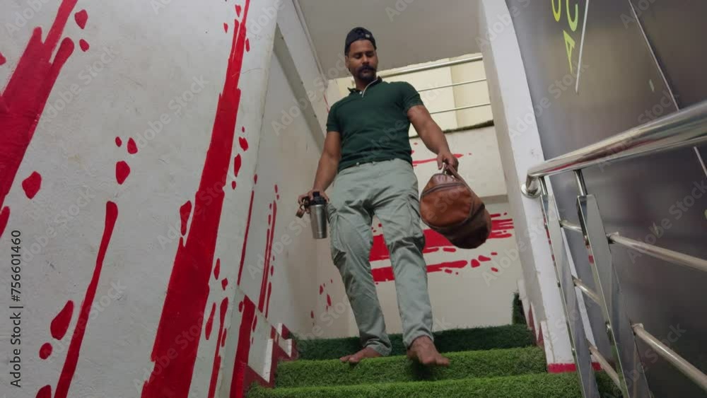 Man walking downstairs with a holding protein shaker and gym men going home after gym workout Man walking downstairs with a holding protein shaker and gym men going home after gym workout