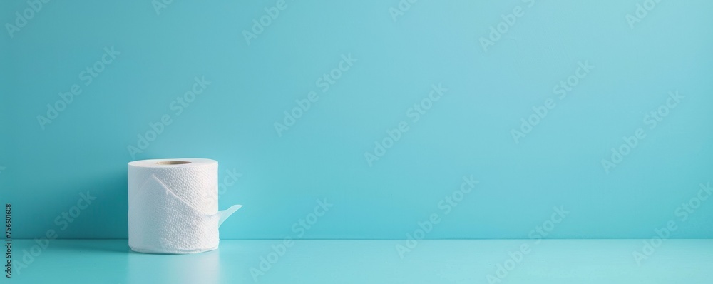 Paper toilet roll stands against a plain blue background, minimalistic and clean design Paper toilet roll stands against a plain blue background, minimalistic and clean design