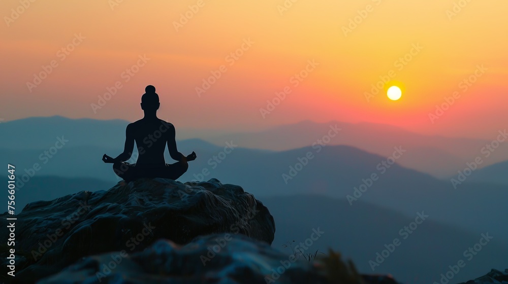 Person in silhouette meditates on a mountain peak as the sun sets, casting a serene orange glow over the distant hills