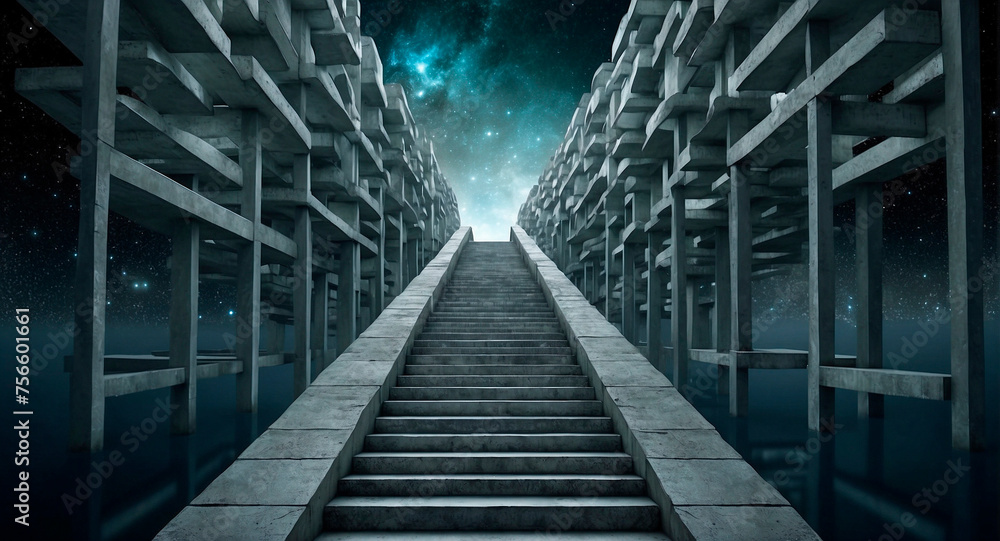 Fototapeta premium A surreal portrayal of staircases ascending towards myriad dimensions against the backdrop of boundless space, prompting a reconsideration of reality's bounds
