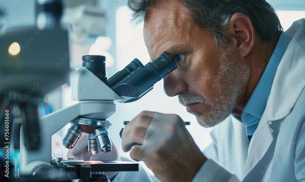 A male doctor is looking under a high-powered microscope A male doctor is looking under a high-powered microscope