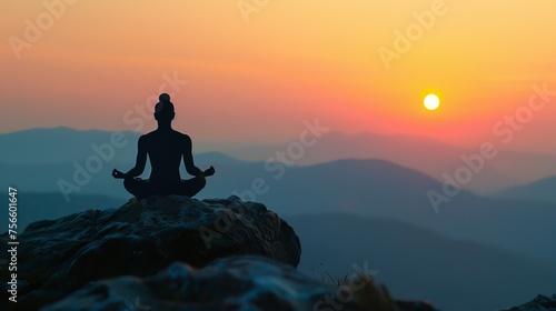 Person in silhouette meditates on a mountain peak as the sun sets, casting a serene orange glow over the distant hills