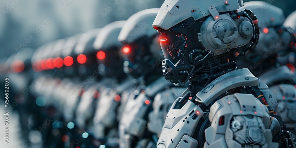 A group of robots are lined up in a row, all wearing helmets - obrazy, fototapety, plakaty 