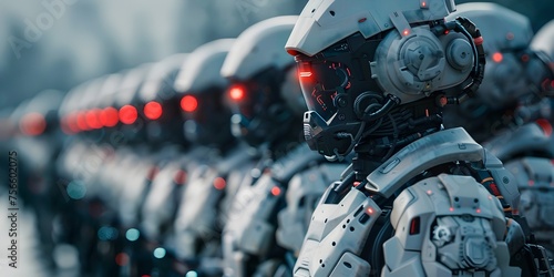 A group of robots are lined up in a row, all wearing helmets