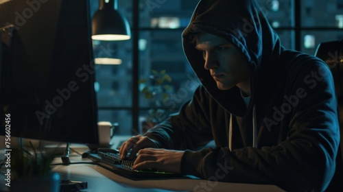 Male hacker hack program. Scary cybercriminal man in black hood. Big data security. Digital criminal working on Computer pc. Programmer guy write line of code. Cybersecurity concept. Internet spy.