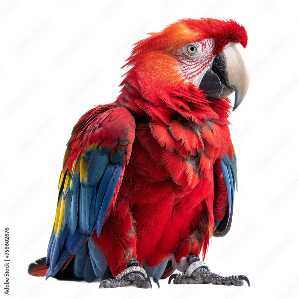Red and Blue Parrot Perched on White Floor On a Transparent Background PNG