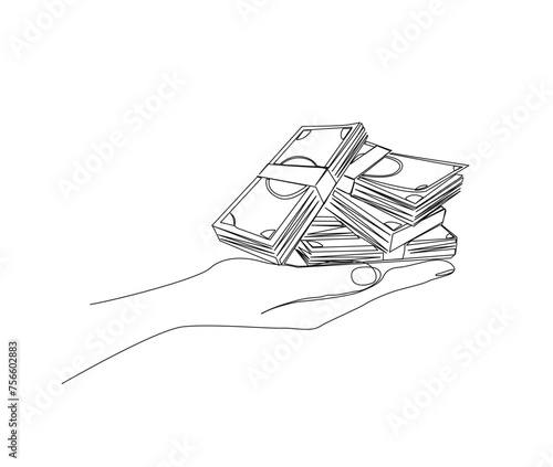 Continuous one line drawing of hand holding bundles of money. Hand hold cash single line art vector illustration. Editable stroke.