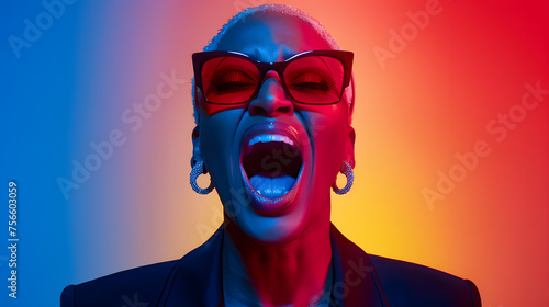 Dramatic portrait of a woman screaming, illuminated by contrasting red and blue lights with a dark background.
