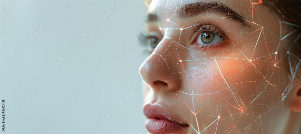 © Nataliia_Trushchenko - A woman with a face made of lines and dots. Lifting lines, advertising of face contour correction, female face skin lifting. Facial rejuvenation concept, cosmetology with generative ai © Nataliia_Trushchenko - A woman with a face made of lines and dots. Lifting lines, advertising of face contour correction, female face skin lifting. Facial rejuvenation concept, cosmetology with generative ai