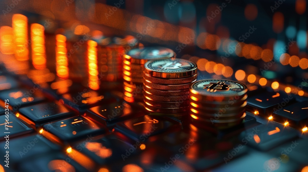Bitcoins on a keyboard symbolizing the intersection of cryptocurrency and digital finance