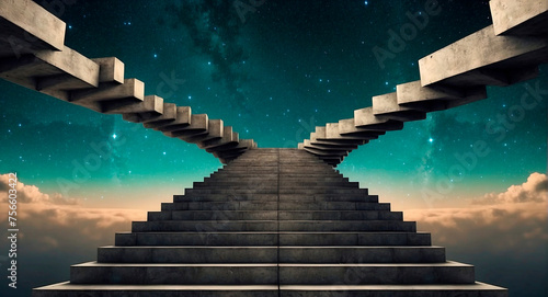 A surreal portrayal of staircases ascending towards myriad dimensions against the backdrop of boundless space, prompting a reconsideration of reality's bounds photo