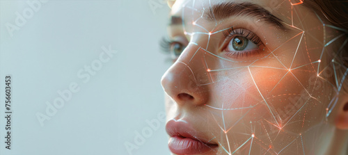 A woman with a face made of lines and dots. Lifting lines, advertising of face contour correction, female face skin lifting. Facial rejuvenation concept, cosmetology with generative ai photo