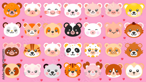 Colorful and charming collection of cartoon bear faces with different expressions on a cute pink polka dot background. 