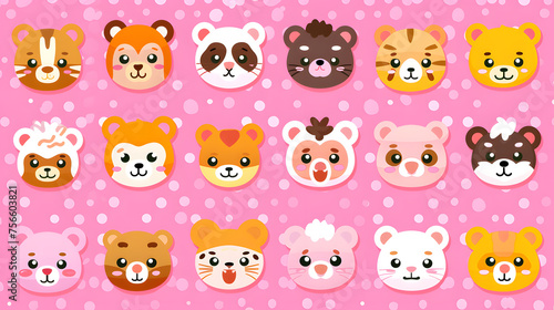 An array of cheerful cartoon bear faces with different expressions on a playful pink polka dot patterned background. 