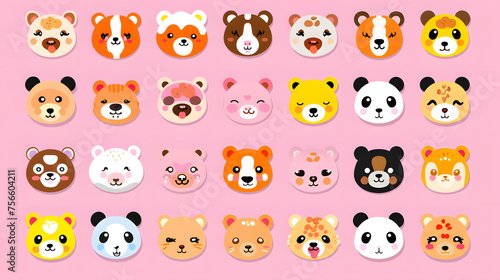 Adorable collection of cartoon animal faces, featuring various expressions, on a playful pink polka dot background.

