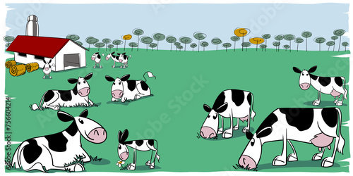 Herd of dairy cows and calf holstein breed in humoristic illustration in a meadow grazing walking and looking towards the observer and isolated illustration