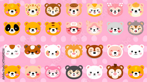 Adorable collection of cartoon animal faces, featuring various expressions, on a playful pink polka dot background. 