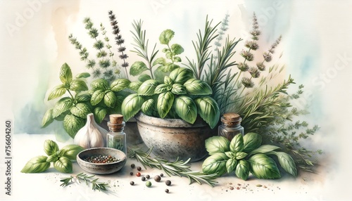 Watercolor illustration a variety of Herbs