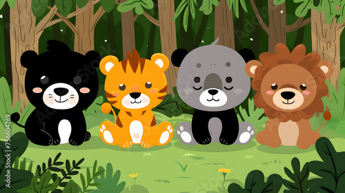 Four adorable cartoon forest animals sitting together in a lush green forest, creating a friendly and inviting scene. 