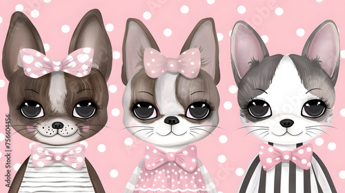 Three fashionable cartoon cats with different patterns, adorned with bows and polka dots, presenting a chic and whimsical style.
