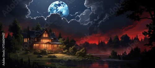 A house surrounded by dense forest under the luminous full moon in the cloudy sky, creating a mystical atmosphere