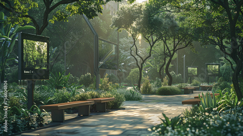 An intricately designed urban park equipped with smart benches, Wi-Fi hotspots, and interactive screens, providing residents with spaces for relaxation and connectivity within a smart city environment photo