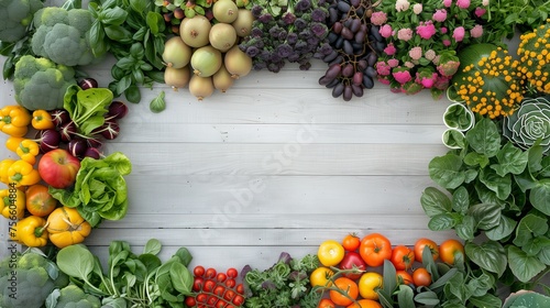 Top view of Fresh Vegetables and Fruits on white Wooden Kitchen Table, Space for text.