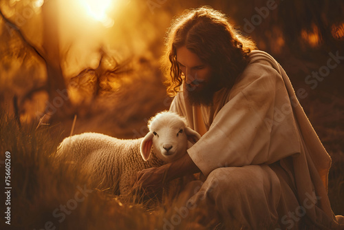 Jesus Christ holds a lamb in his arms, sunset
