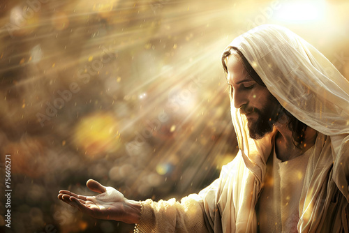 Jesus Christ in divine golden light, he is risen