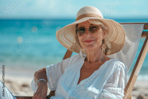 A woman wearing a straw hat and sunglasses is smiling on a beach. She is sitting in a chair and she is enjoying her time. Portrait of happy mature woman sittingchair at beach in summer photo