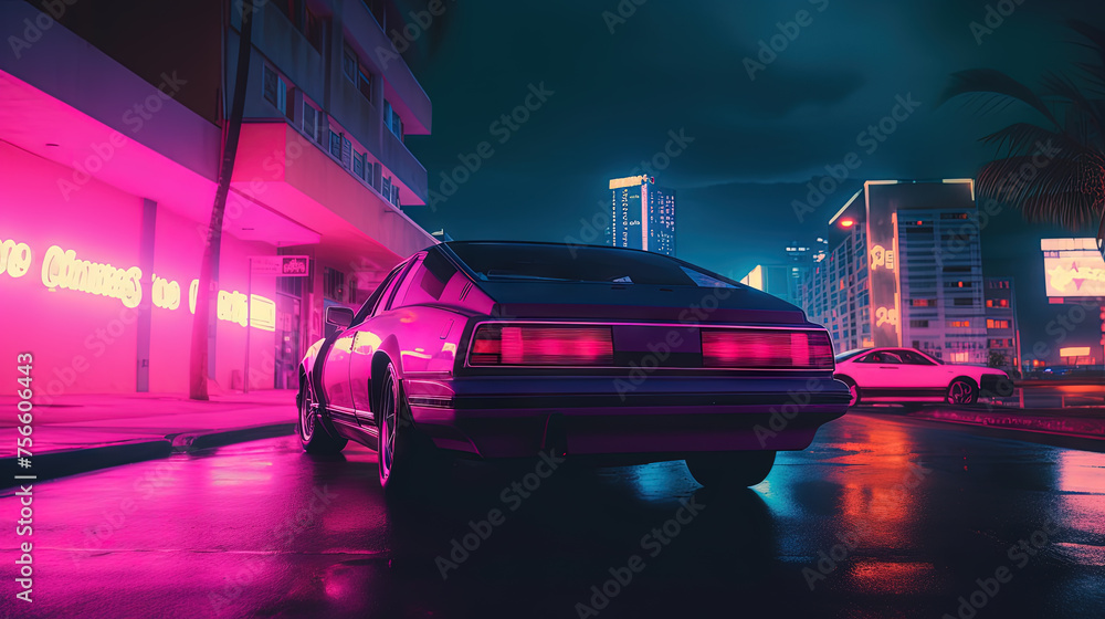 Futuristic car on the cybeprunk street in blue and purple synthwave colors. Cool retro supercar on synthwave street. - obrazy, fototapety, plakaty 