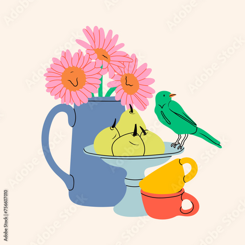 Classical still life picture. Flowers in watering can, pears on fancy plate, cups and little bird. Hand drawn colorful Vector illustration. Isolated design element. Poster, icon, logo, print template