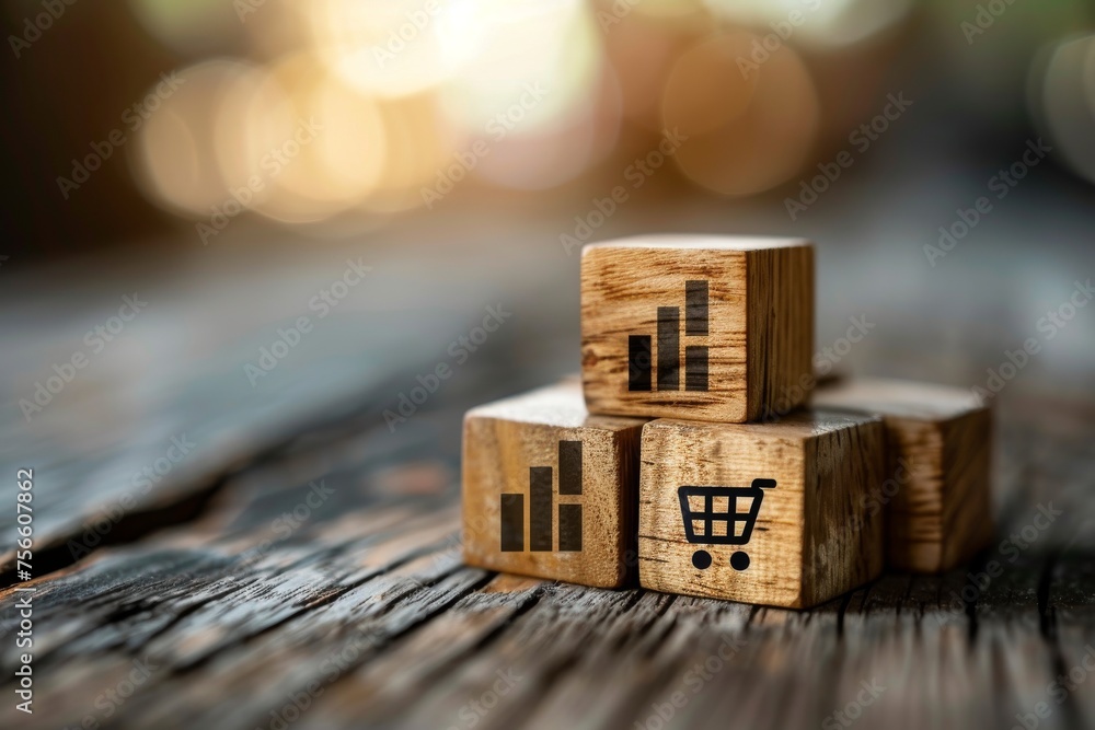 Wooden cubes with graphs and shopping cart symbol on a rustic table Wooden cubes with graphs and shopping cart symbol on a rustic table