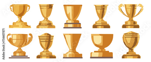 Set of gold trophy cups on transparent or white background. isolated various shapes of golden winning trophy cups, vector illustration.