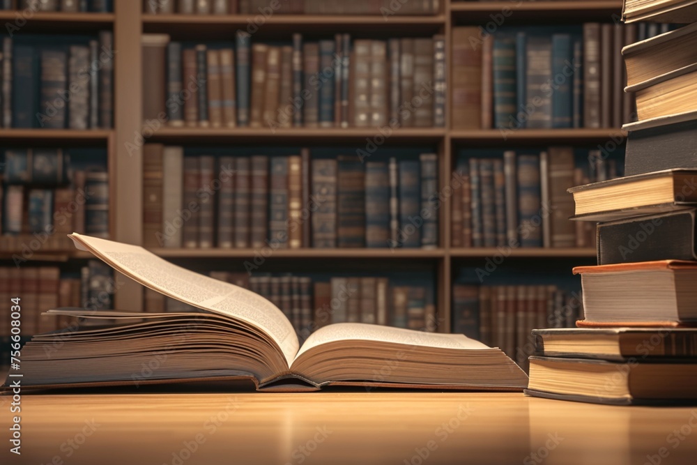Learning environment Old open textbook on a desk in library Learning environment Old open textbook on a desk in library